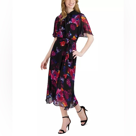 NWT DONNA RICCO Women's Floral-Print Belted Flutter-Sleeve Dress - Picture 3 of 7